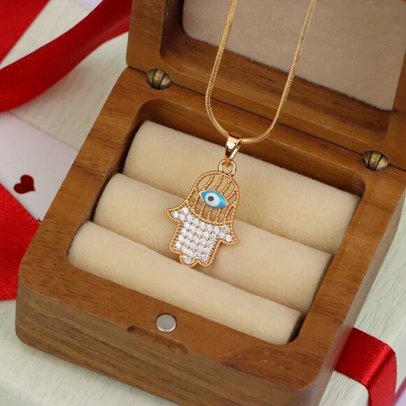"Rose Gold Hamsa Hand Pendant with Evil Eye and Crystal Accents, XPPT1609 - Picture 4 of 13